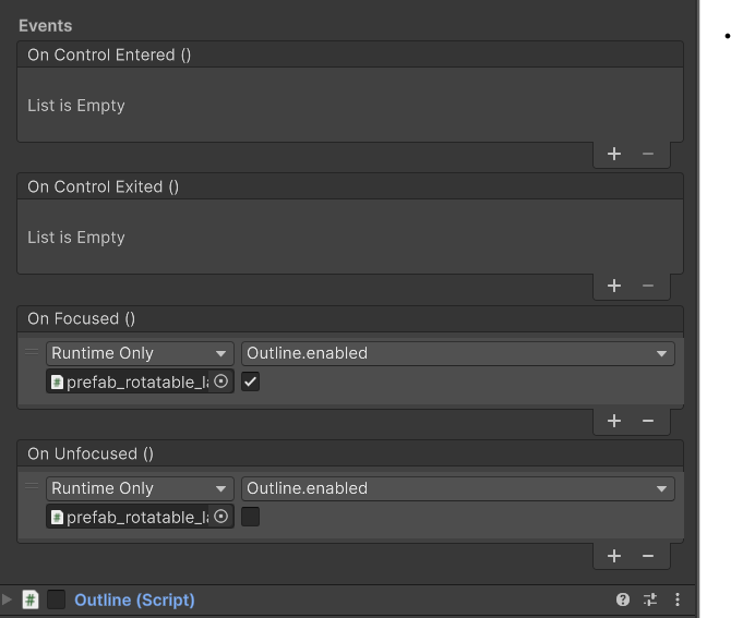 Unity Inspector — interactable with Behavior assignment and focus UnityEvents
